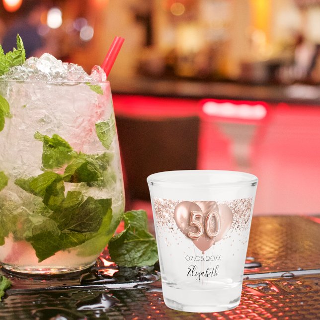 50th birthday rose gold balloons name shot glass (Creator Uploaded)