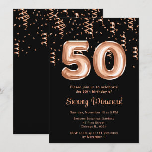 50th Birthday Rose Gold Balloons with Confetti Invitation