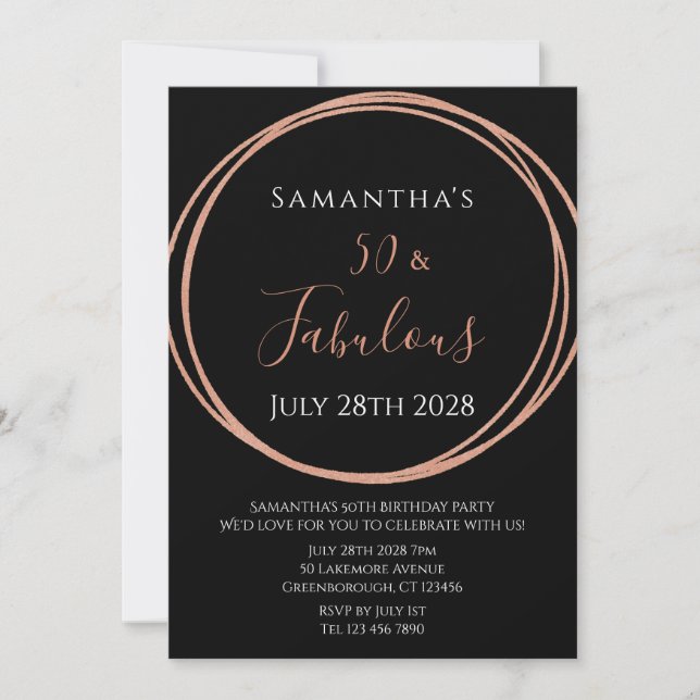 50th Birthday Rose Gold Black Birthday Invitation (Front)