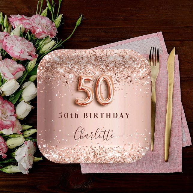 50th birthday rose gold blush glitter name paper plate (Creator Uploaded)