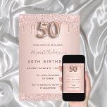 50th birthday rose gold glitter drips pink glam invitation<br><div class="desc">A modern, stylish and glamourous invitation for a 50th birthday party. A faux rose gold metallic looking background with an elegant faux rose gold glitter drip, paint drip look. The name is written with a modern dark rose gold coloured hand lettered style script. Personalize and add your party details. Number...</div>