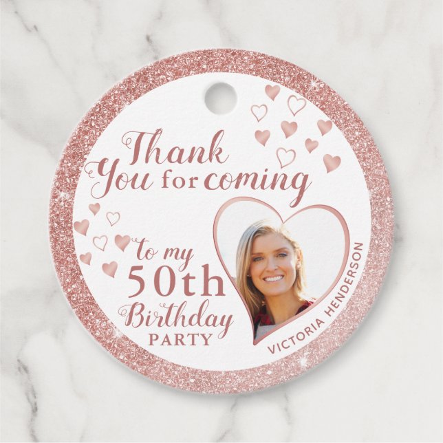 50th Birthday Rose Gold Glitter Elegant Thank You Favour Tags (Front)