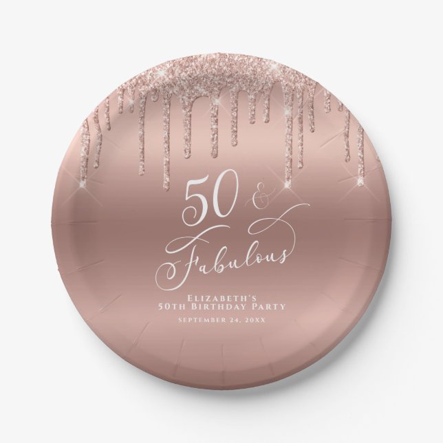 50th Birthday Rose Gold Glitter Personalized Paper Plate (Front)