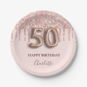 50th birthday rose gold glitter pink balloon style paper plate