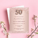 50th birthday rose gold glitter pink invitation postcard<br><div class="desc">A modern, stylish and glamourous invitation for a 50th birthday party. A faux rose gold metallic looking background with an elegant faux rose gold glitter drip, paint drip look. The name is written with a modern dark rose gold coloured hand lettered style script. Personalize and add your party details. Number...</div>