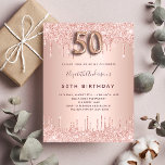 50th Birthday rose gold glitter pink luxury Invitation Postcard<br><div class="desc">A modern, stylish and glamourous invitation for a 50th birthday party. A faux rose gold metallic looking background with an elegant faux rose gold glitter drip, paint drip look. The name is written with a modern dark rose gold coloured hand lettered style script. Personalize and add your party details. Number...</div>