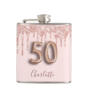 50th birthday rose gold glitter pink monogram glam hip flask