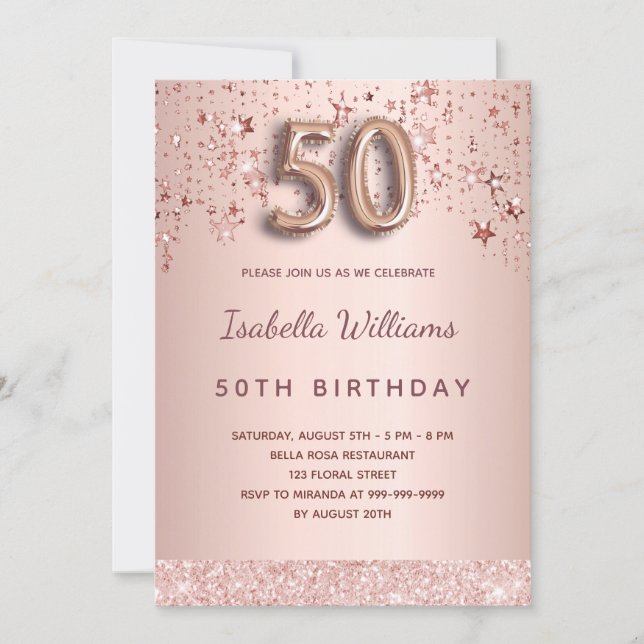 50th birthday rose gold pink stars invitation (Front)