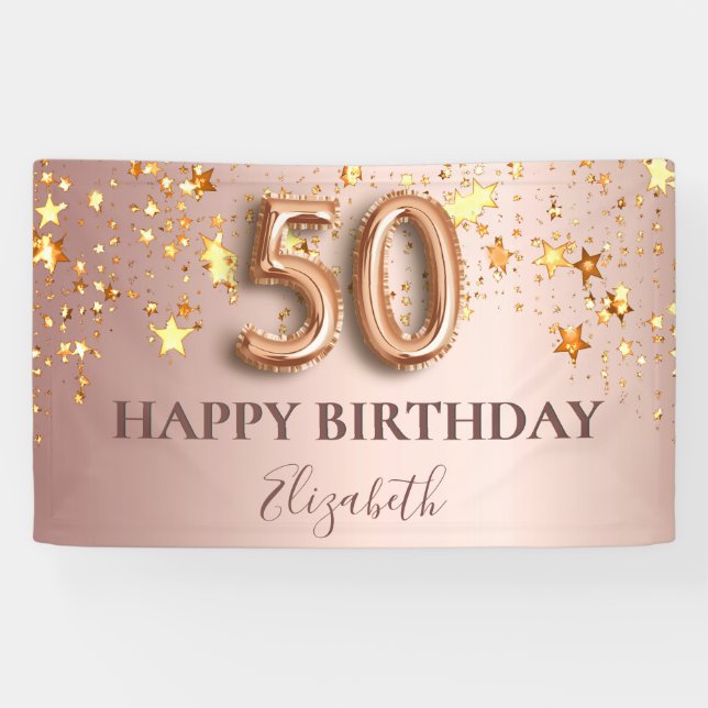 50th birthday rose gold stars pink balloon script banner (Horizontal)