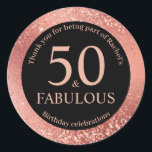 50th Birthday Rose Gold Thank You  Classic Round Sticker<br><div class="desc">Thank guests for helping to celebrate your joyous occasion with these rose gold glitter thank you stickers. The stickers can be personalised with the inclusion of the birthday girl's name. The age can be kept at 50 or changed for a different 2 digit birthday age. The design is in a...</div>