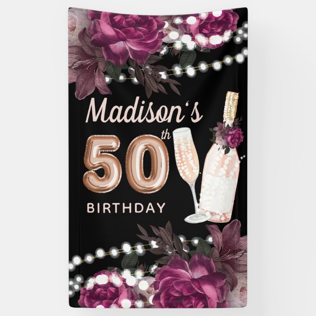 50th Birthday Rose Wine Luxury Banner (Vertical)