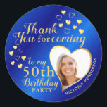 50th Birthday Royal Blue and Gold Thank You Favour Classic Round Sticker<br><div class="desc">If your 50th birthday party theme is in blue and gold, this design is cute for favours with a thank you message. Upload your photo using the template to have a heart-shaped picture. Try a few photos to choose which one fits the best. You can also change a milestone to...</div>