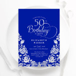 50th Birthday Royal Blue Silver Roses Invitation<br><div class="desc">Royal blue silver elegant 50th birthday party invitation. Classy design featuring roses,  faux silver foil and typography script font. Trendy invite card perfect for a stylish female bday celebration. Personalize with your own details. Can be customized to any age. Printed Zazzle invitations or instant download digital printable template.</div>
