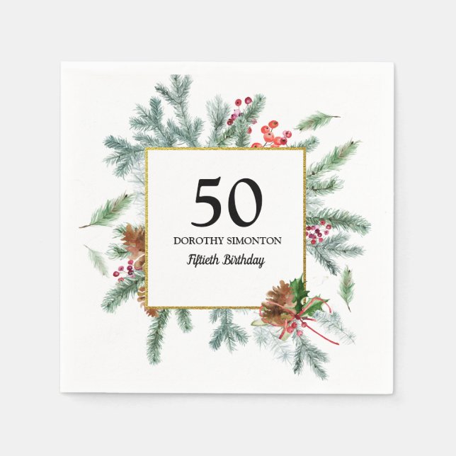 50th Birthday Rustic Winter Greenery Red Bow Napkin (Front)