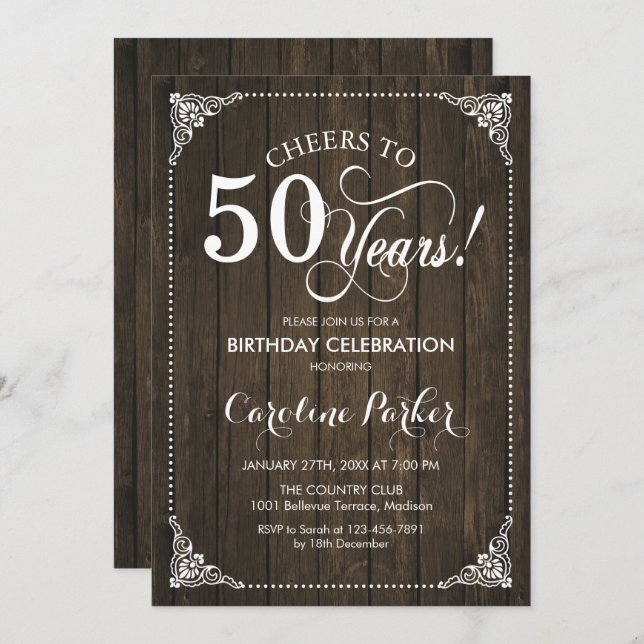 50th Birthday - Rustic Wood Invitation (Front/Back)