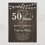 50th Birthday - Rustic Wood Pattern Invitation<br><div class="desc">Rustic 50th Birthday Invitation.
Rustic simple design with dark brown wood pattern and fairy string lights. Features script font. Cheers to 50 years. Can be personalized into any age! Message me if you need further customization.</div>