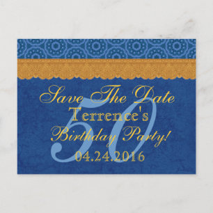 50th Birthday Save the Date Blue and Gold Lace Announcement Postcard