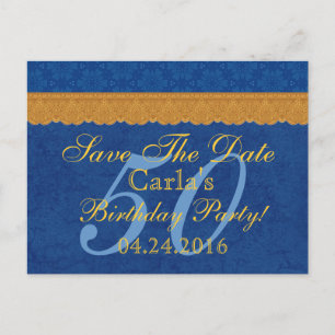50th Birthday Save the Date Blue and Gold Lace Announcement Postcard