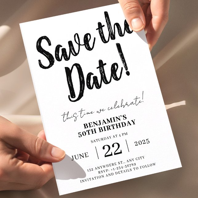 50th Birthday Save the Date, Minimal Black White Invitation (50th Birthday Save the Date, Minimal Black and White Invitation, Modern Birthday Invite, Editable Bi)