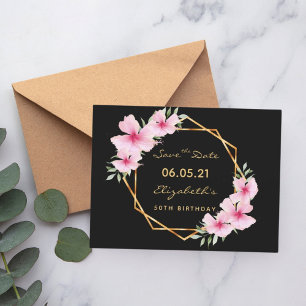 50th birthday Save the Date tropical black gold Postcard