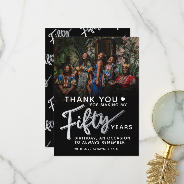 50th birthday silver black fifty script photo thank you card (Front/Back In Situ)