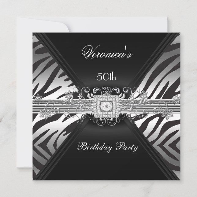 50th Birthday Silver Black Zebra Diamond  Image Invitation (Front)