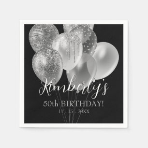 50th Birthday, Silver Glitter Balloons, Name & Age Napkin