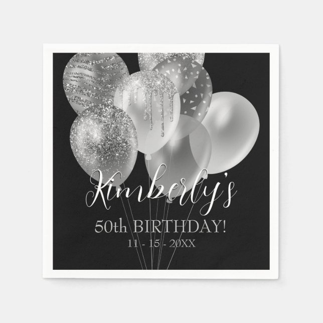 50th Birthday, Silver Glitter Balloons, Name & Age Napkin (Front)