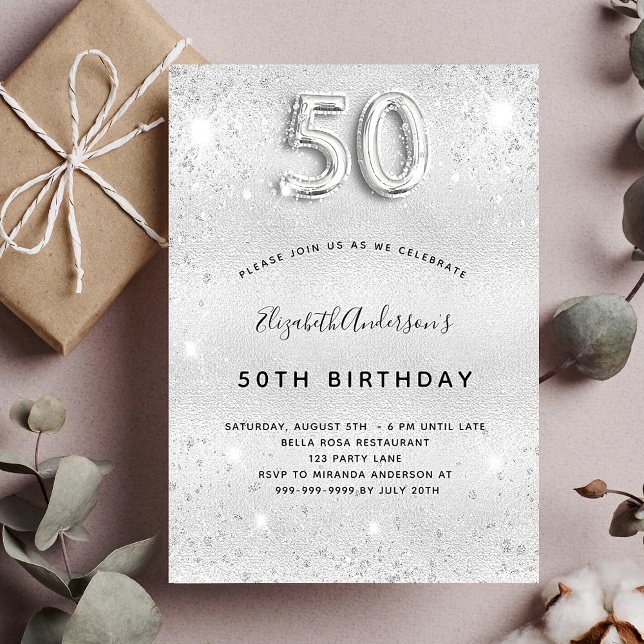 50th birthday silver glitter invitation (Creator Uploaded)