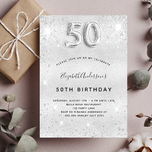 50th birthday silver glitter invitation postcard