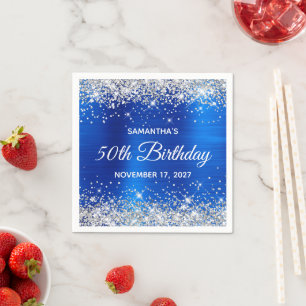 50th Birthday Silver Glitter Royal Blue Foil Napkin