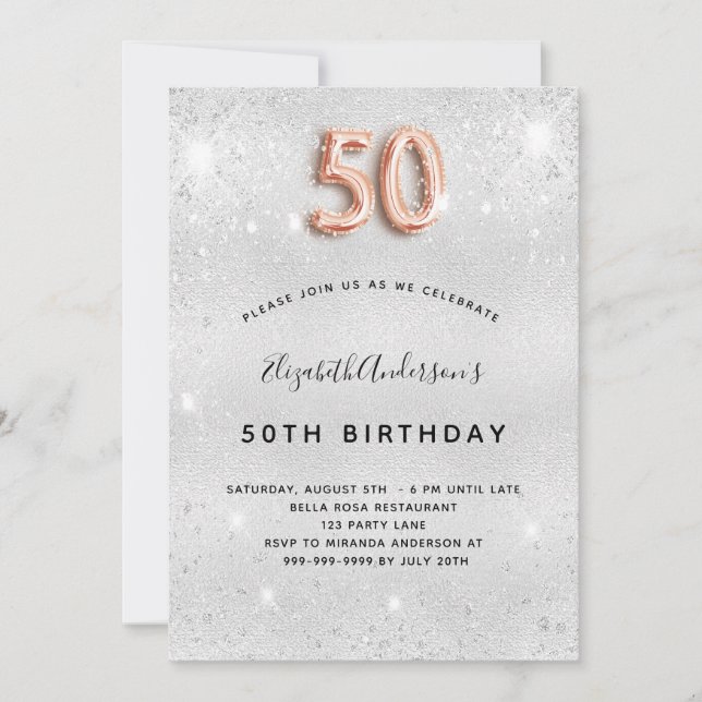 50th birthday silver rose gold glitter invitation (Front)