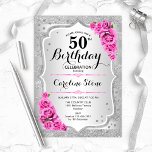 50th Birthday - Silver Stripes Pink Roses Invitation<br><div class="desc">50th Birthday Invitation. Elegant floral design in silver and pink. Features faux glitter silver stripes,  pink roses stylish script font and confetti. Perfect for a glam birthday party.</div>