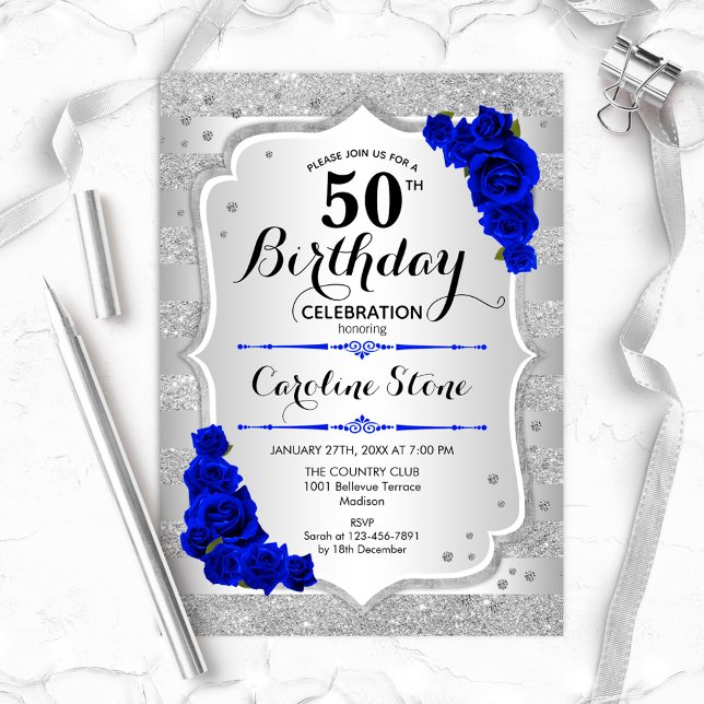50th Birthday - Silver Stripes Royal Blue Roses Invitation (Creator Uploaded)