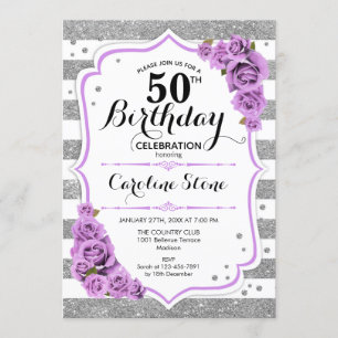 50th Birthday -  Silver White Stripes Purple Roses Invitation