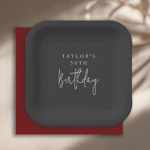 50th Birthday Simple Minimalist Flat Black Paper Plate