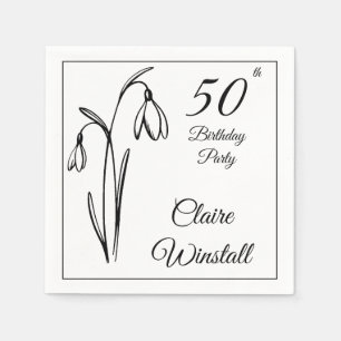 50th Birthday Snowdrop Floral Black And White Napkin