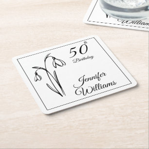 50th Birthday Snowdrop Floral Black And White Square Paper Coaster