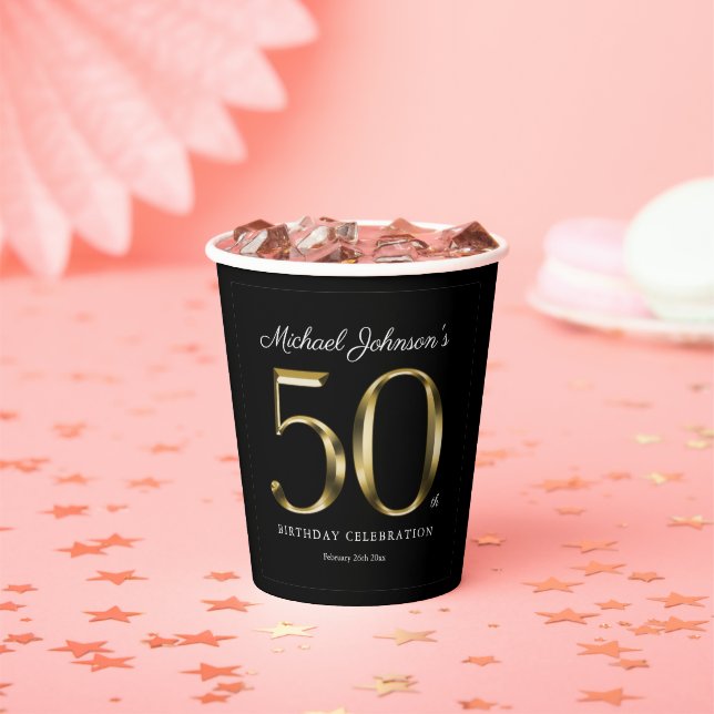50th Birthday Solid Gold Typography Classy Black P Paper Cups (Insitu)