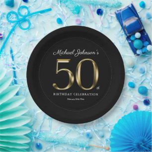50th Birthday Solid Gold Typography Elegant Black Paper Plate