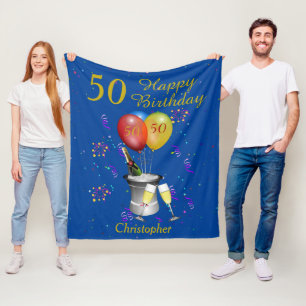 50th Birthday Sparkling Wine Celebration Blue Fleece Blanket