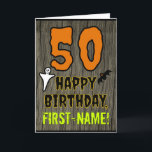 50th Birthday: Spooky Halloween Theme, Custom Name Card<br><div class="desc">The front of this spooky and scary Hallowe'en birthday themed greeting card design features a large number "50", along with the message "HAPPY BIRTHDAY, ", and a personalized name. There are also depictions of a ghost and a bat on the front. The inside features a personalized birthday greeting message, or...</div>