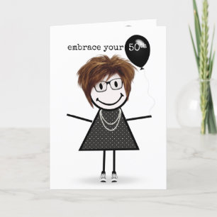 50th Birthday Stick Figure Girl with Balloon Card