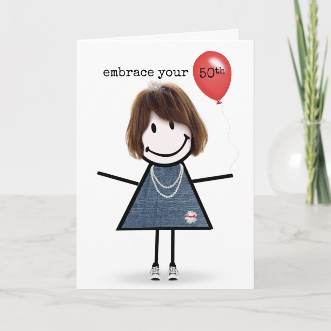 50th Birthday Stick Figure Girl with Red Balloon Card (Front)