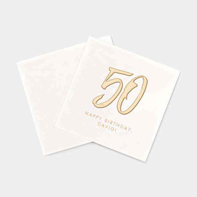 50th birthday stylish modern golden personalized foil napkins (Back)