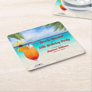 50th Birthday Summer Cocktail Beach Party Square Paper Coaster