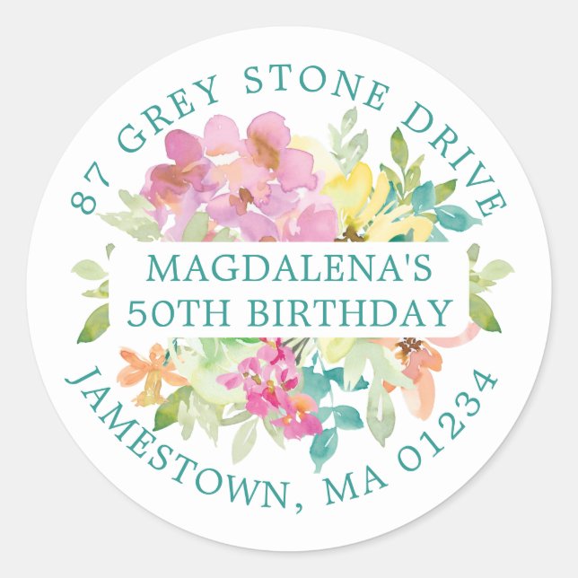 50th Birthday Summer Floral Return Address Label (Front)