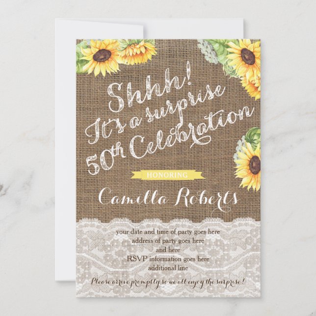 50th Birthday Surprise Party for lady, Sunflowers Invitation (Front)