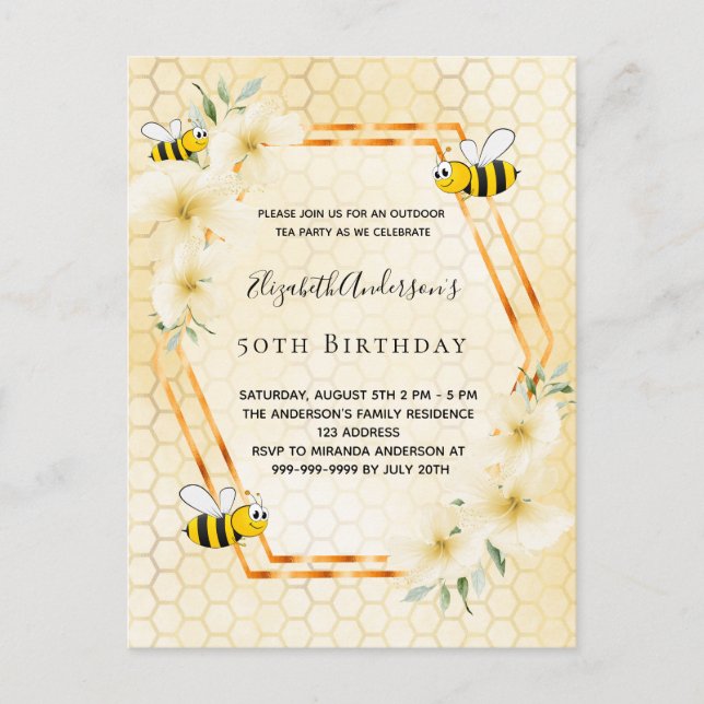 50th birthday tea party honeycomb bees invitation postcard (Front)