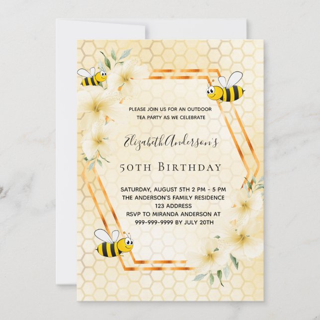 50th birthday tea party honeycomb bumble bees invitation (Front)